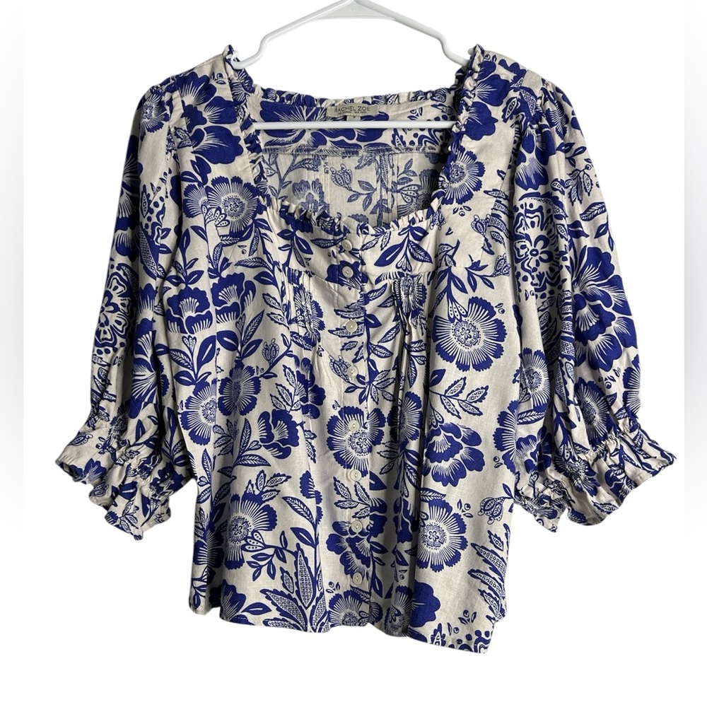 Rachel Zoe Blue & White Floral Puff Sleeve Crop Blouse – Size S